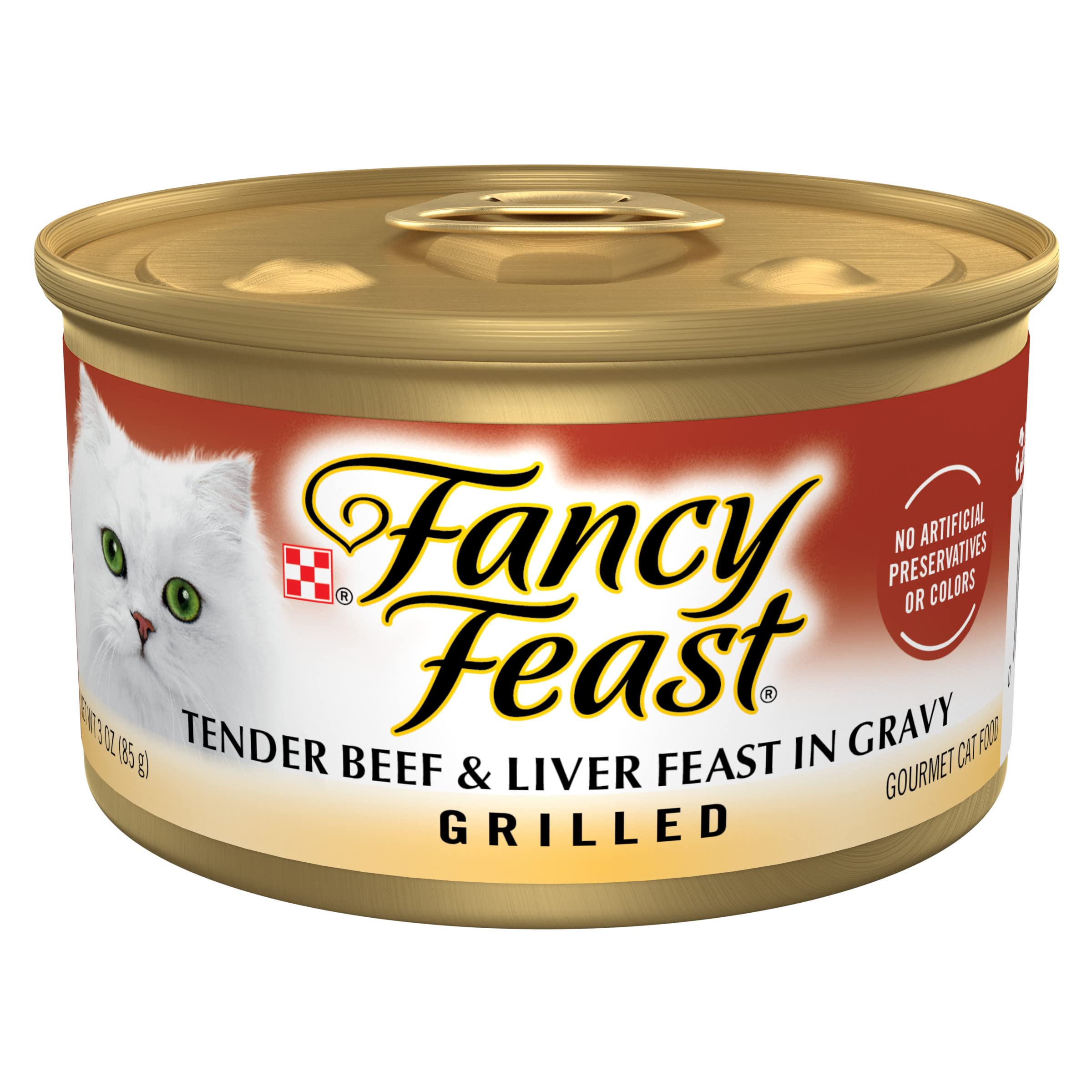Fancy Feast boeuf et foie grillee dans sauce—plat humide gourmet pour chat, texture tendre.