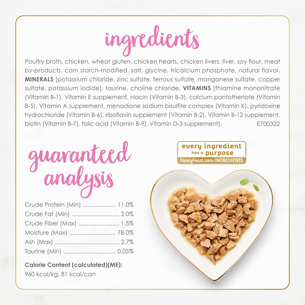Fancy Feast sauce-coeurs-poulet, portions pratiques pour varier les repas.