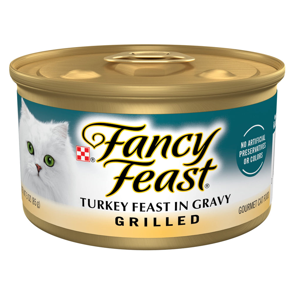 Fancy Feast boîte dinde grillee avec jus: repas humide savoureux pour chat adulte.