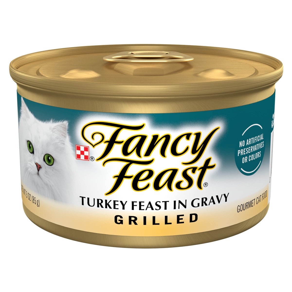 Fancy Feast boîte dinde grillee avec jus: repas humide savoureux pour chat adulte.