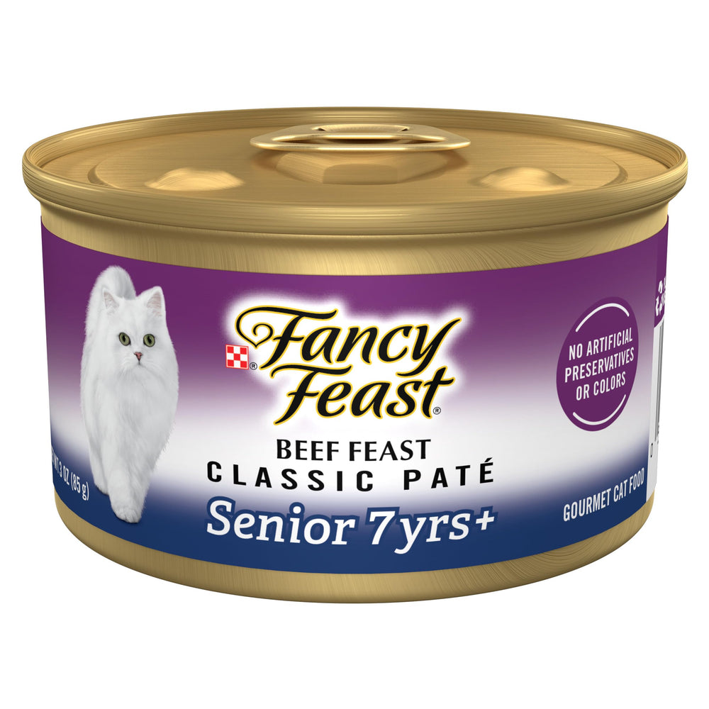 Fancy Feast boîte pâte boeuf senior 7+ : texture onctueuse et apport protéiné.