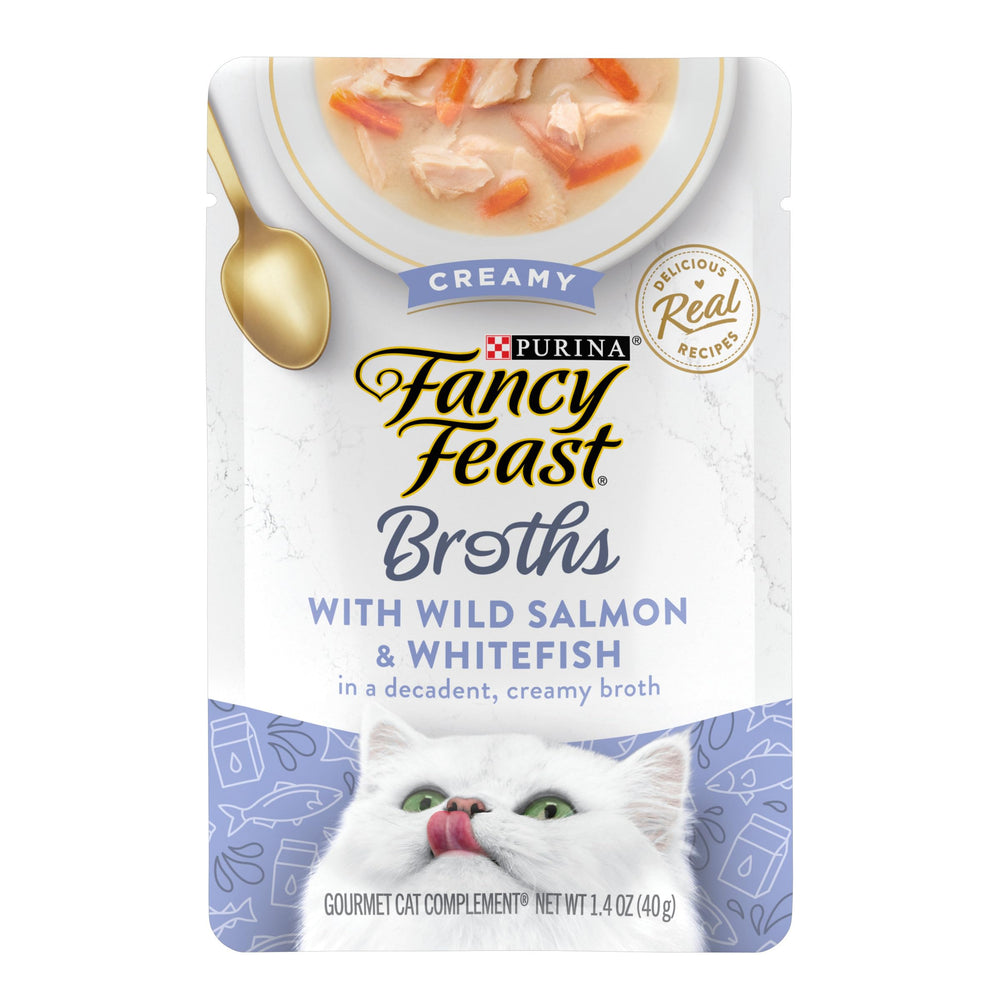Fancy Feast Bouillon Crémeux Saumon Sauvage offre un bouillon appétissant pour varier les repas et hydrater.