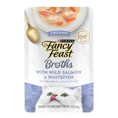 Fancy Feast Bouillon Crémeux Saumon Sauvage offre un bouillon appétissant pour varier les repas et hydrater.