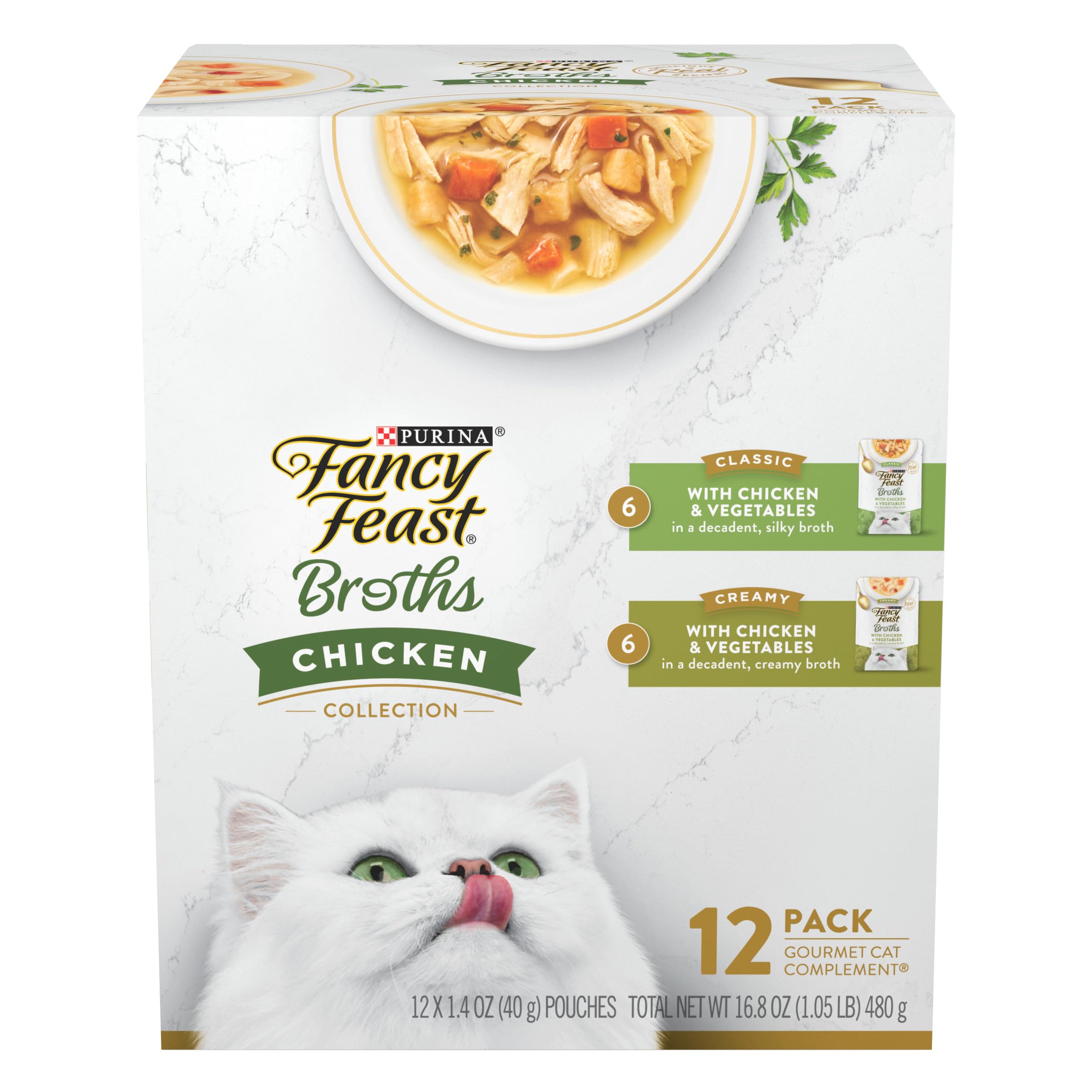Bouillon de poulet Fancy Feast en sachet 1-4oz, pratique pour hydrater le repas.