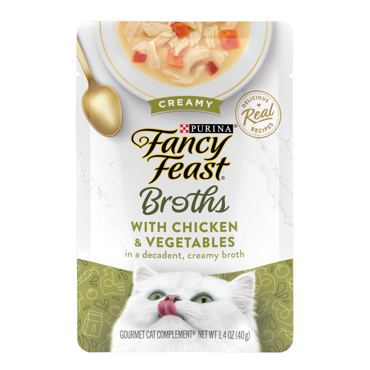 Fancy Feast Broth Topper crèmeux poulet et légumes, prêt à servir et rehaussant le goût.