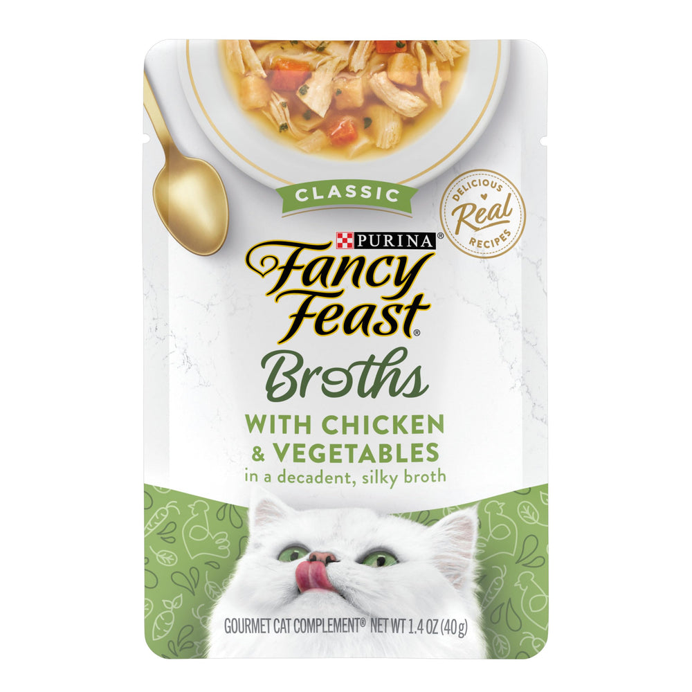 Fancy Feast Broths Classic bouillon soyeux avec poulet et légumes.