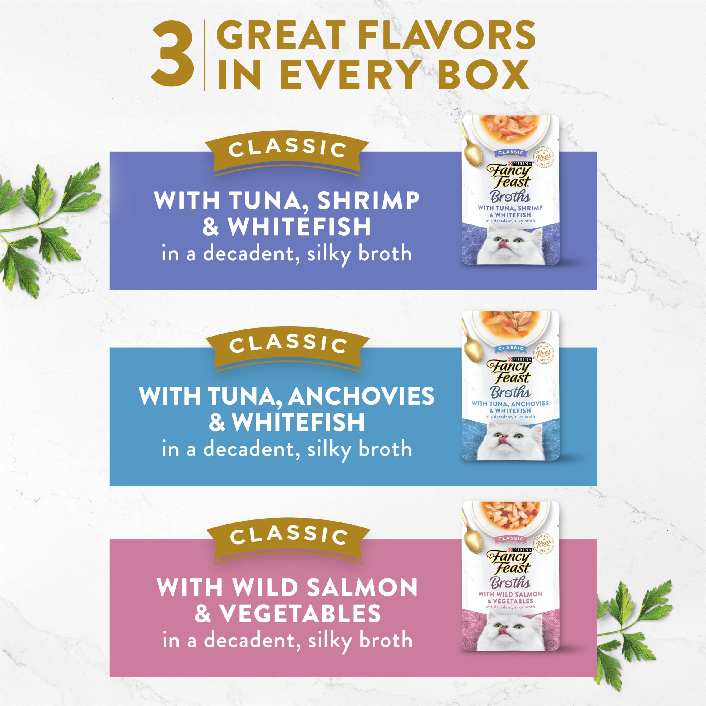Fancy Feast Broths Classiques poisson-blanc-avec-legumes: texture soyeuse sur croquettes.