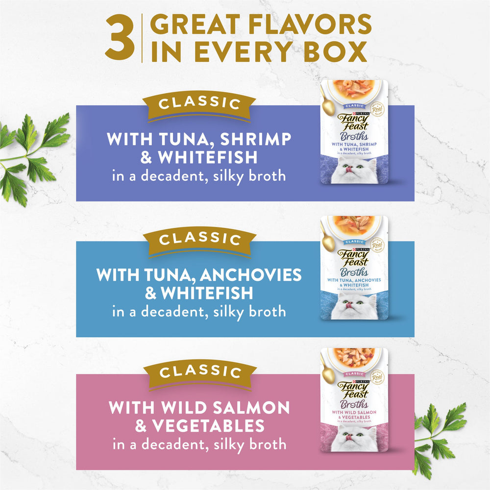 Fancy Feast Broths Classiques poisson-blanc-avec-legumes: texture soyeuse sur croquettes.