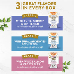 Fancy Feast Broths Classiques poisson-blanc-avec-legumes: texture soyeuse sur croquettes.