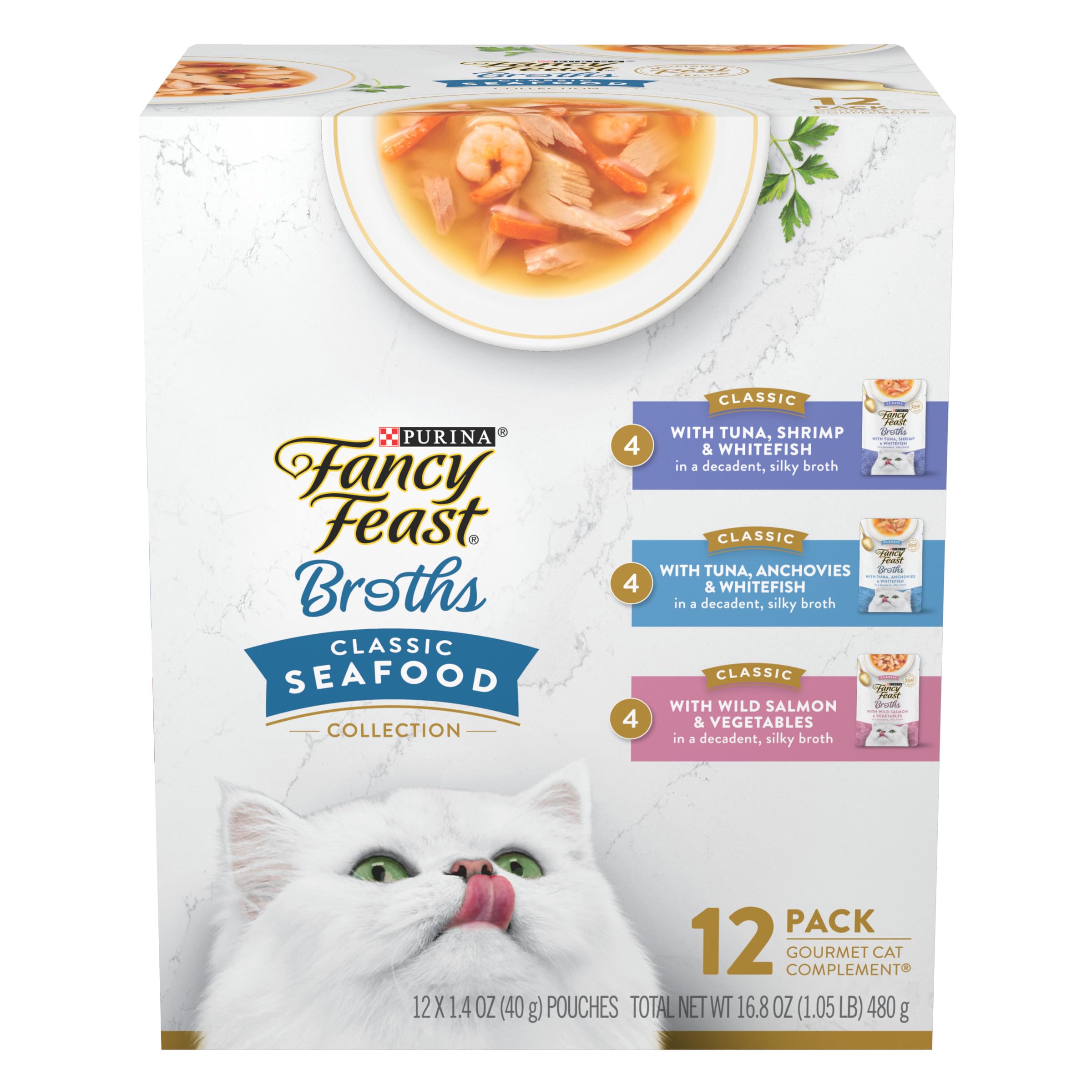 Fancy Feast Broths Classiques thon-poisson-blanc-legumes: complément savoureux pour croquettes.