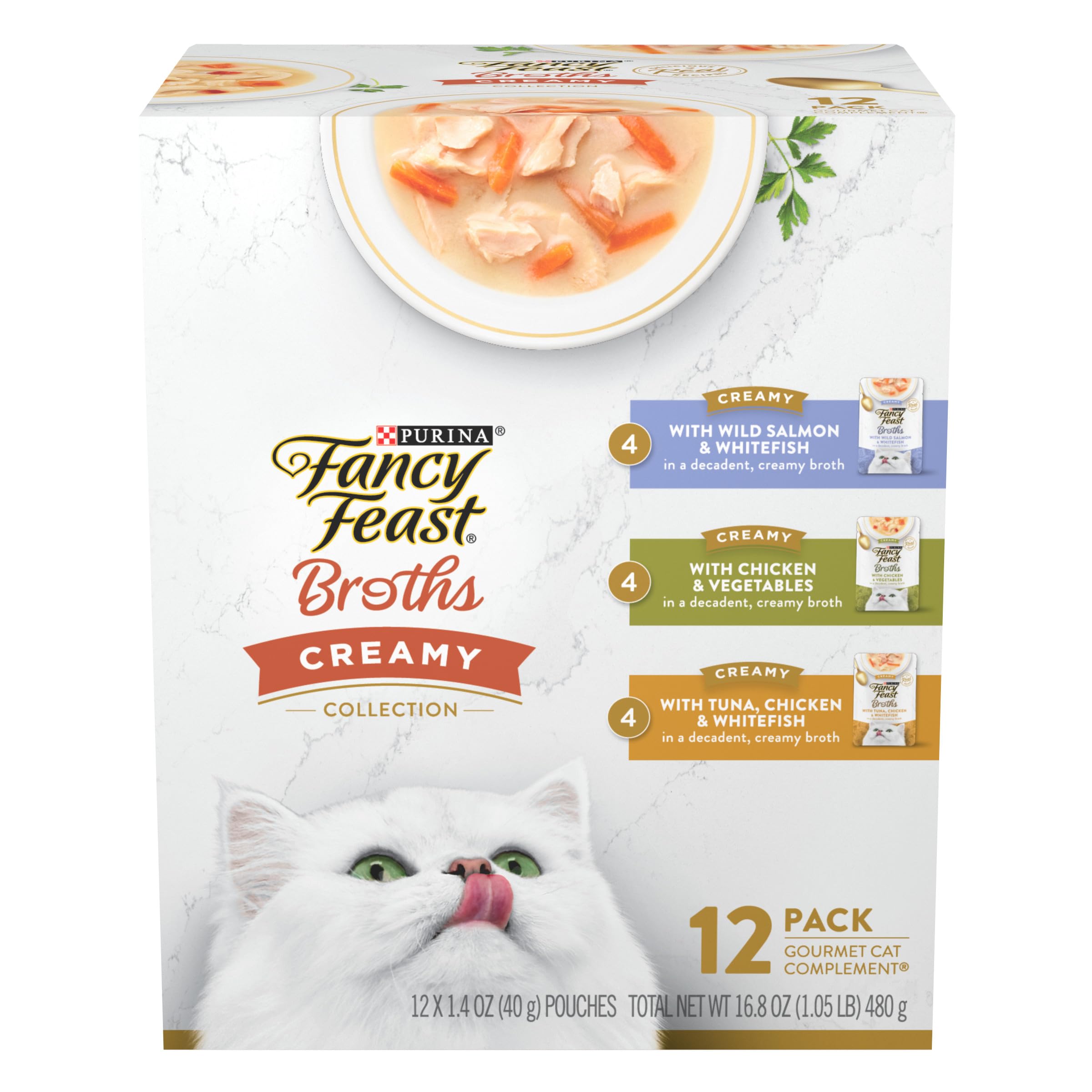 Fancy Feast Bouillons crèmeux poulet et légumes en sachet, idéal pour rehausser le repas du chat.