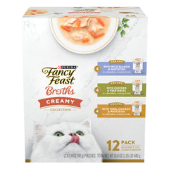 Fancy Feast Bouillons crèmeux poulet et légumes en sachet, idéal pour rehausser le repas du chat.