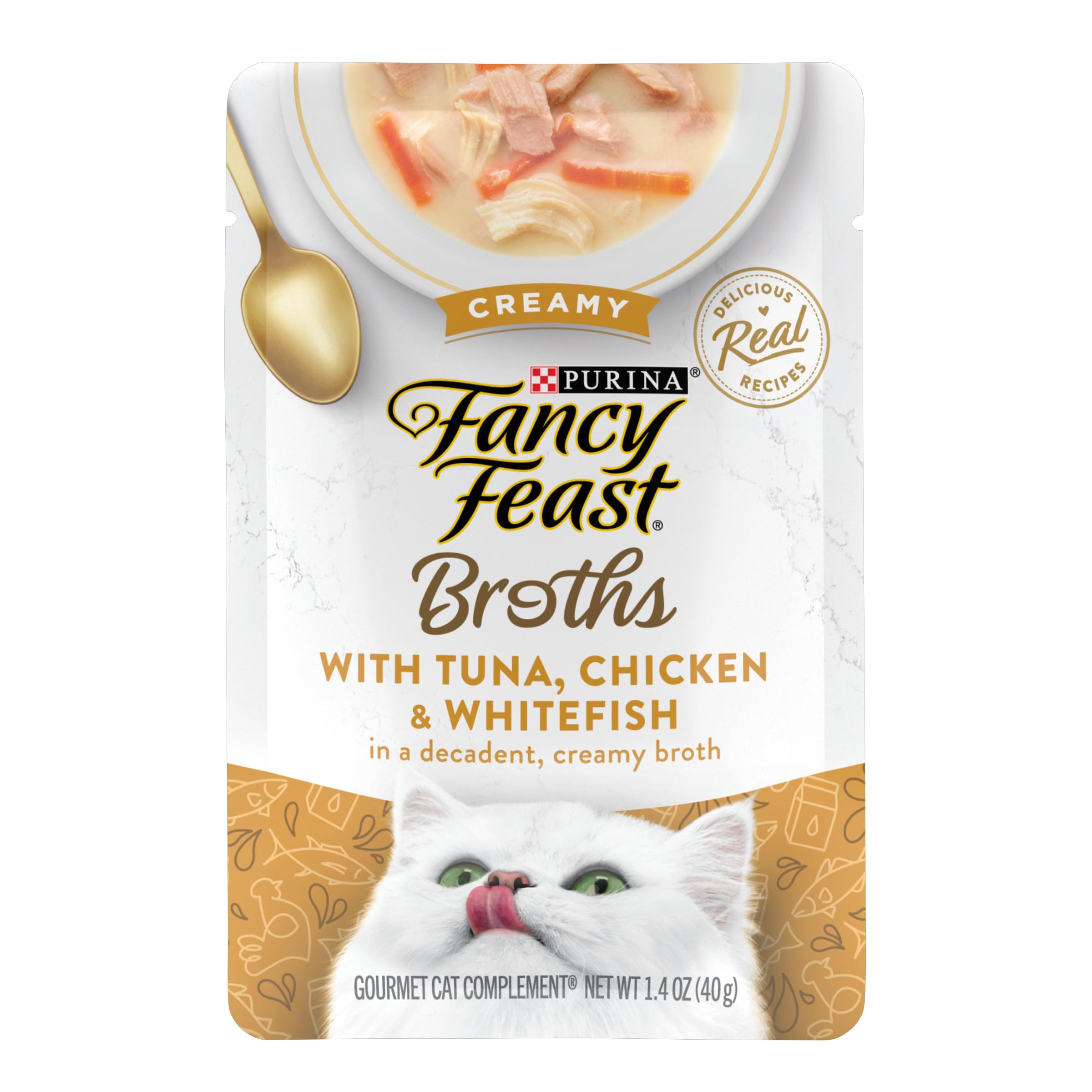 Fancy Feast Broths crèmeux thon-poulet-poisson-blanc, complément savoureux pour repas variés.