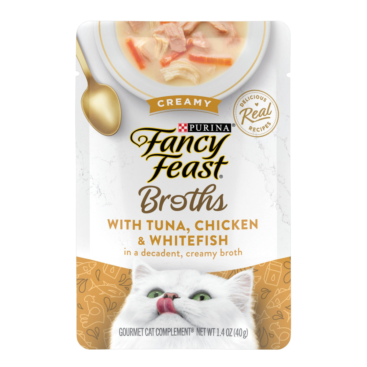 Fancy Feast Broths crèmeux thon-poulet-poisson-blanc, complément savoureux pour repas variés.