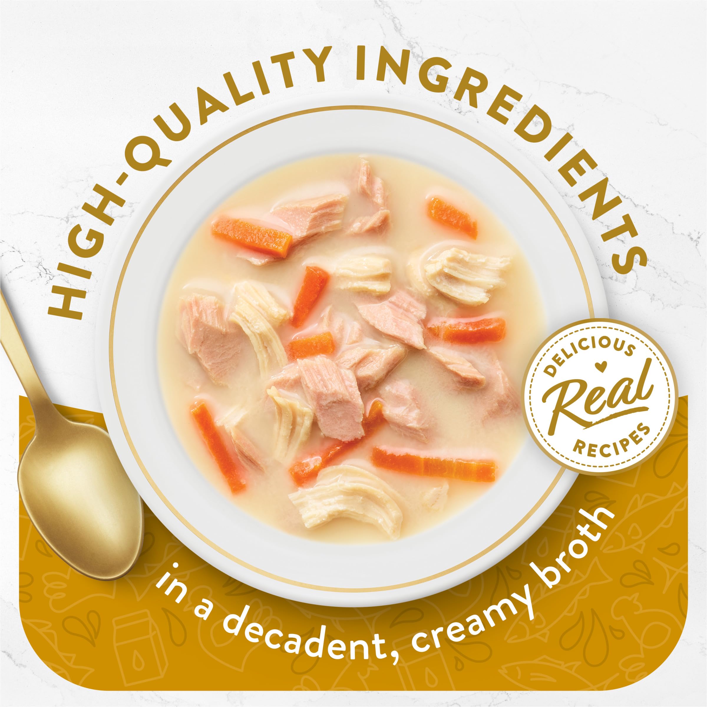 Fancy Feast Broths crèmeux thon-poulet-poisson-blanc, texture onctueuse appréciée par les chats.