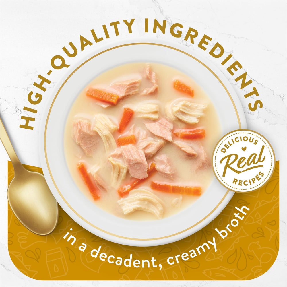 Fancy Feast Broths crèmeux thon-poulet-poisson-blanc, texture onctueuse appréciée par les chats.