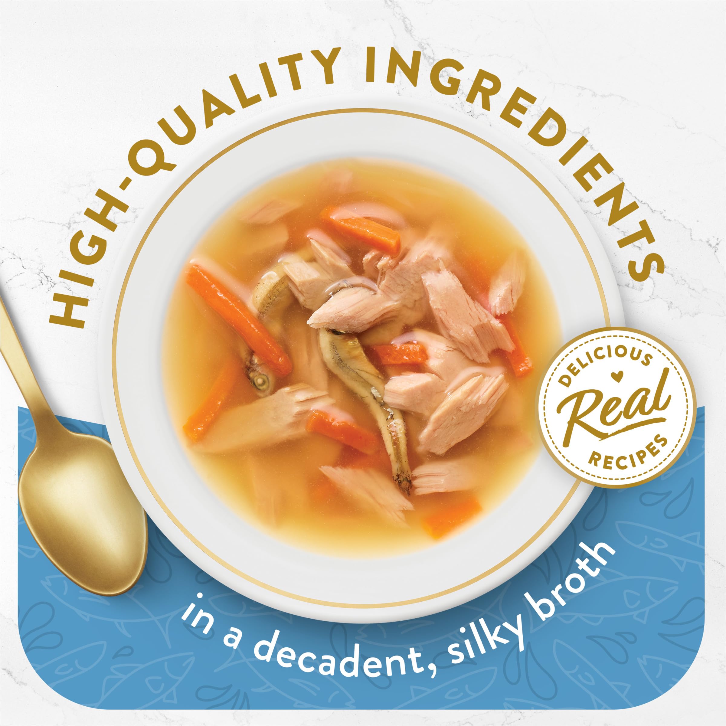 Fancy Feast Broths Delice: profils réels de thon-anchois-poisson-blanc pour chat gourmand.