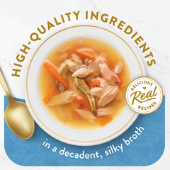 Fancy Feast Broths Delice: profils réels de thon-anchois-poisson-blanc pour chat gourmand.