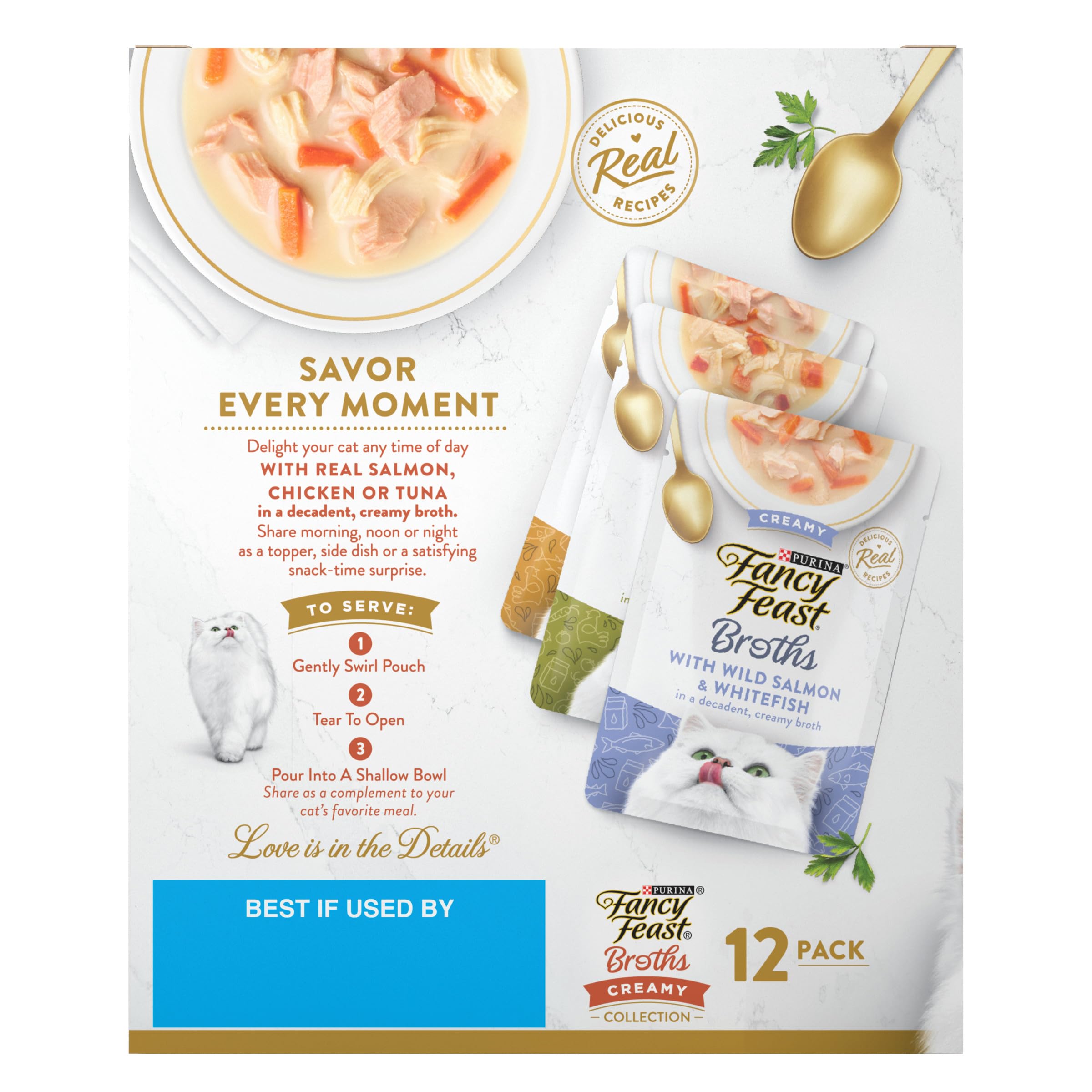 Gâterie à lécher Fancy Feast Bouillons goût riche, packaging sachet pratique.