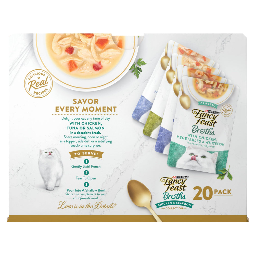 Fancy Feast Broths hydratation facile et saveurs variées pour chat.