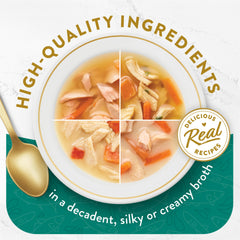 Fancy Feast Broths légumes et poisson blanc, ingrédients reconnaissables.