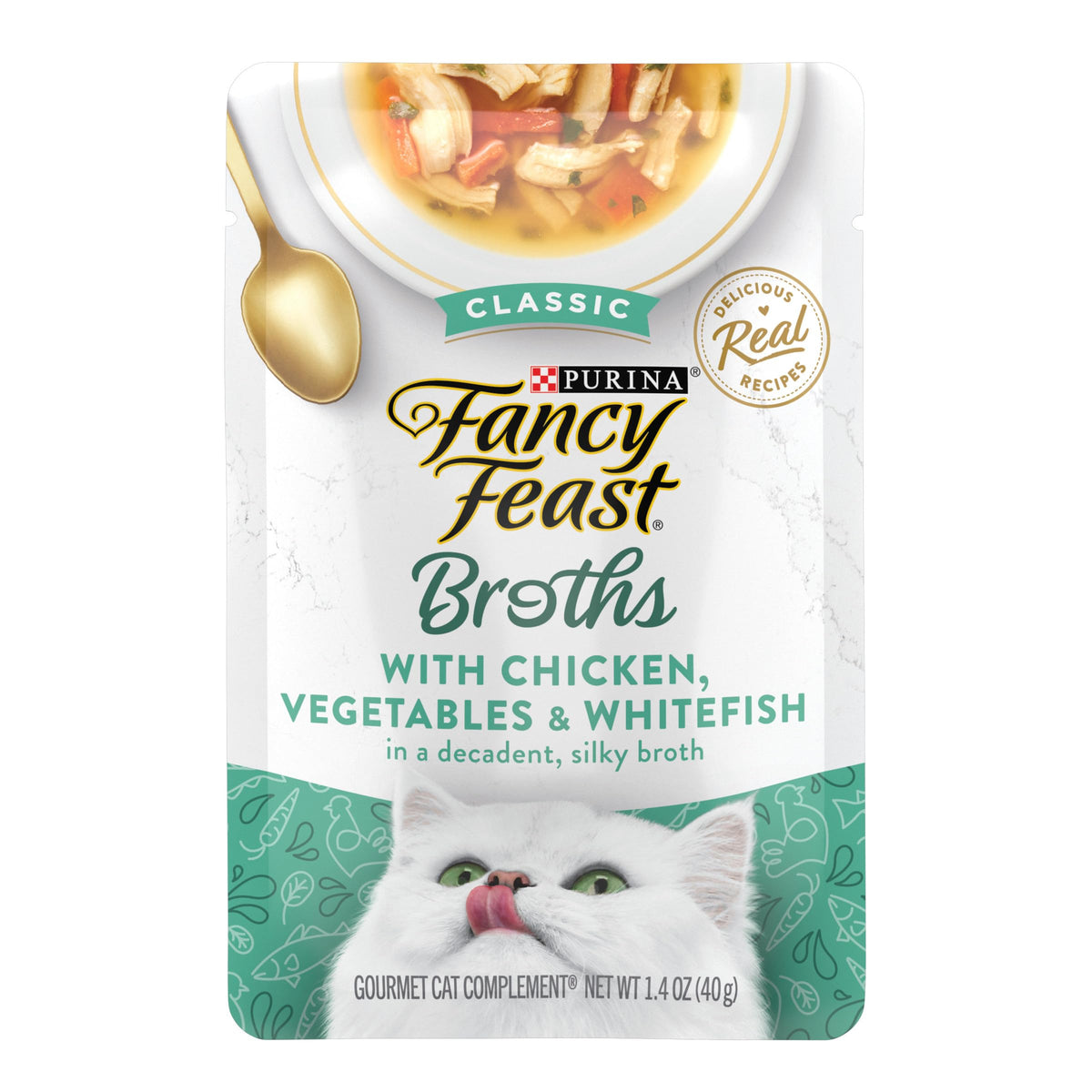 Bouillon soyeux Fancy Feast Broths au poulet et poisson, en poche pratique.