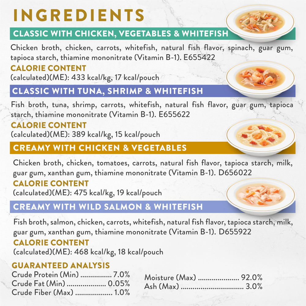 Fancy Feast Broths saumon-poisson blanc, texture veloutée et hydratation possible.