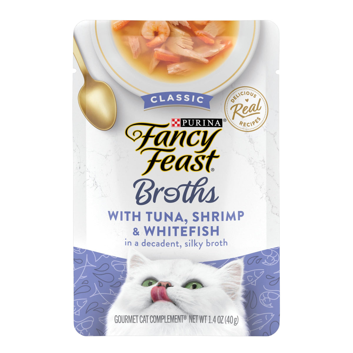 Fancy Feast Broths thon-crevettes-lieu-blanc poche, bouillon soyeux pour réhausser les repas du chat