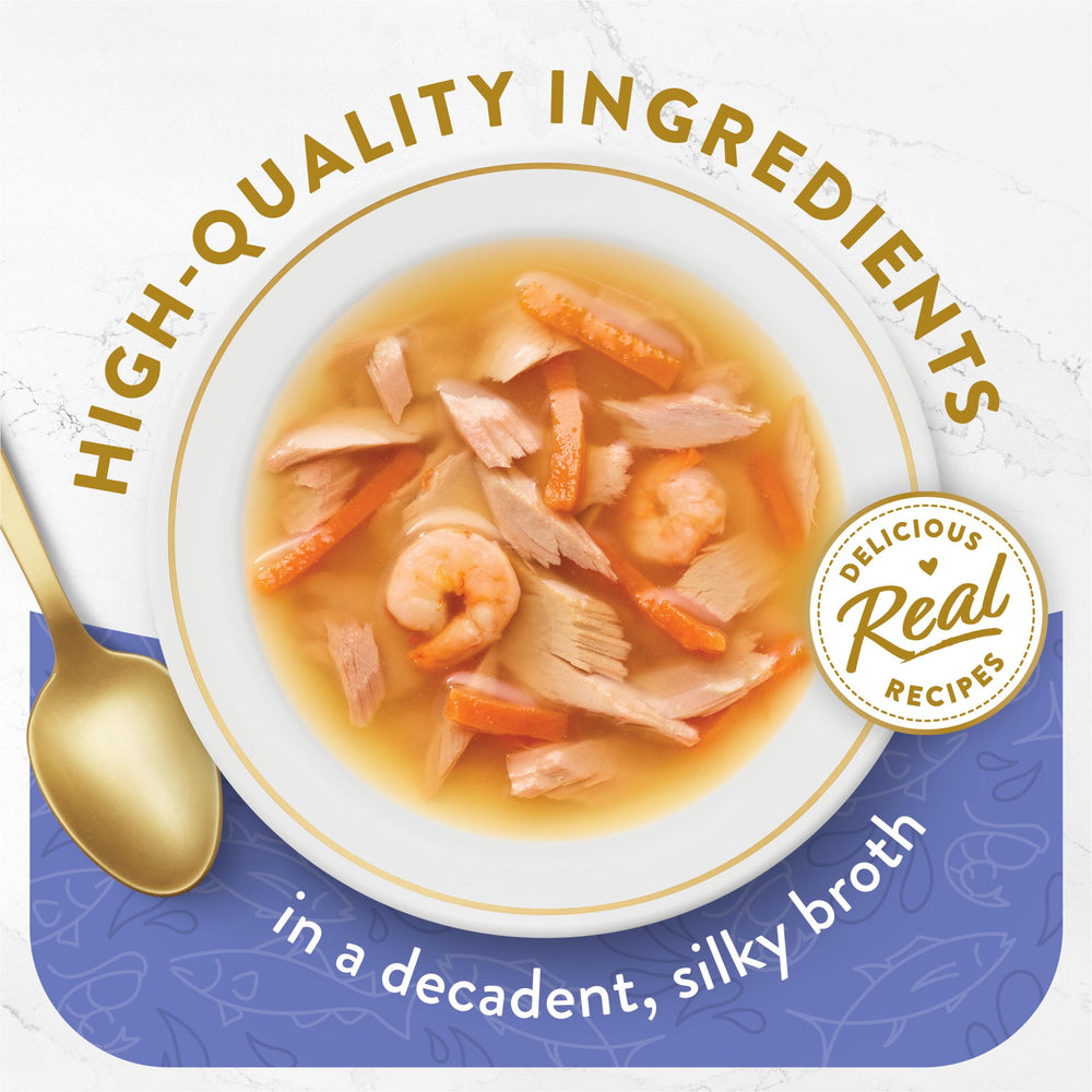 Fancy Feast Broths thon-crevettes-lieu-blanc poche, morceaux savoureux et hydratants pour votre chat