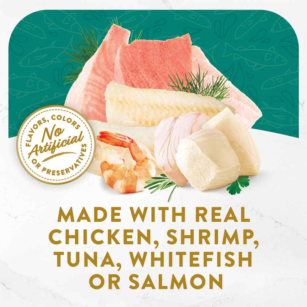 Fancy Feast Broths thon-crevettes-poisson blanc, topping appétissant.