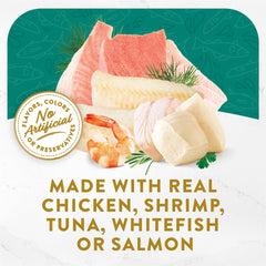 Fancy Feast Broths thon-crevettes-poisson blanc, topping appétissant.