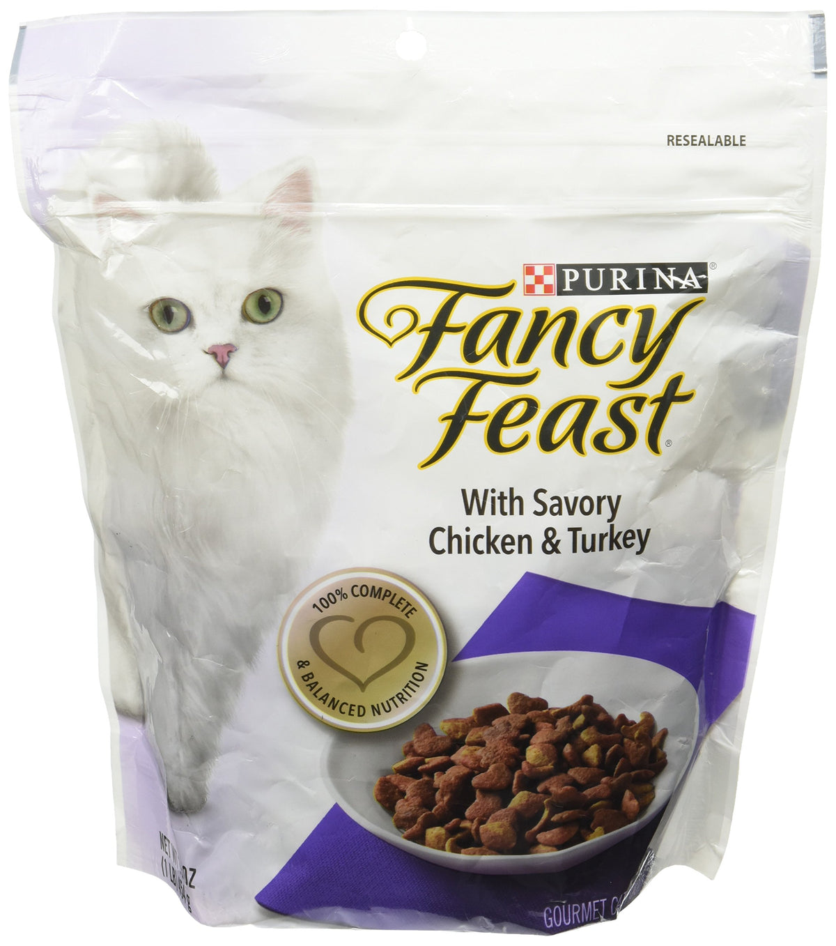 Fancy Feast Chats Gourmet : Morceaux poulet et dinde, saveur appréciée et nutrition complète.