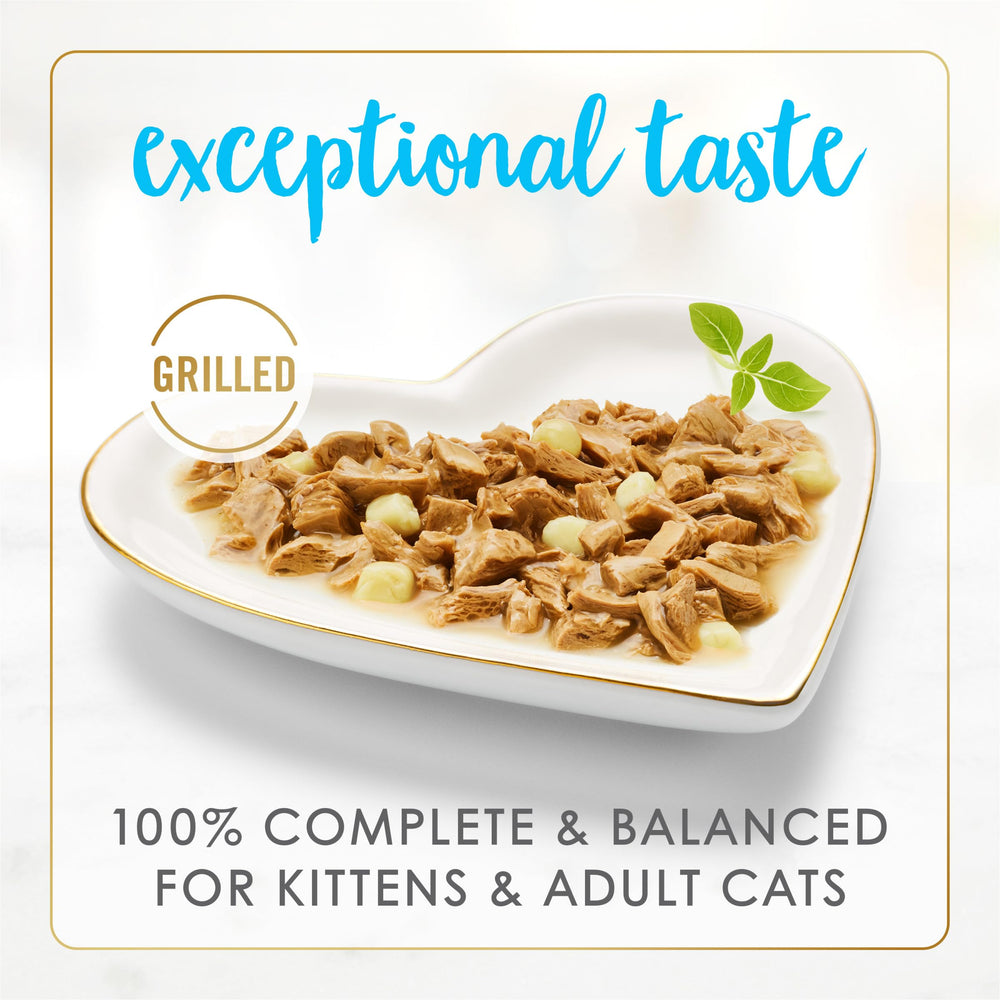 Fancy Feast Delights cheddar visible, goût fromager apprécié par les chats.
