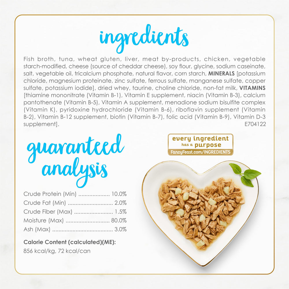 Étiquette Fancy Feast Delights sur la boîte, emblème de qualité.