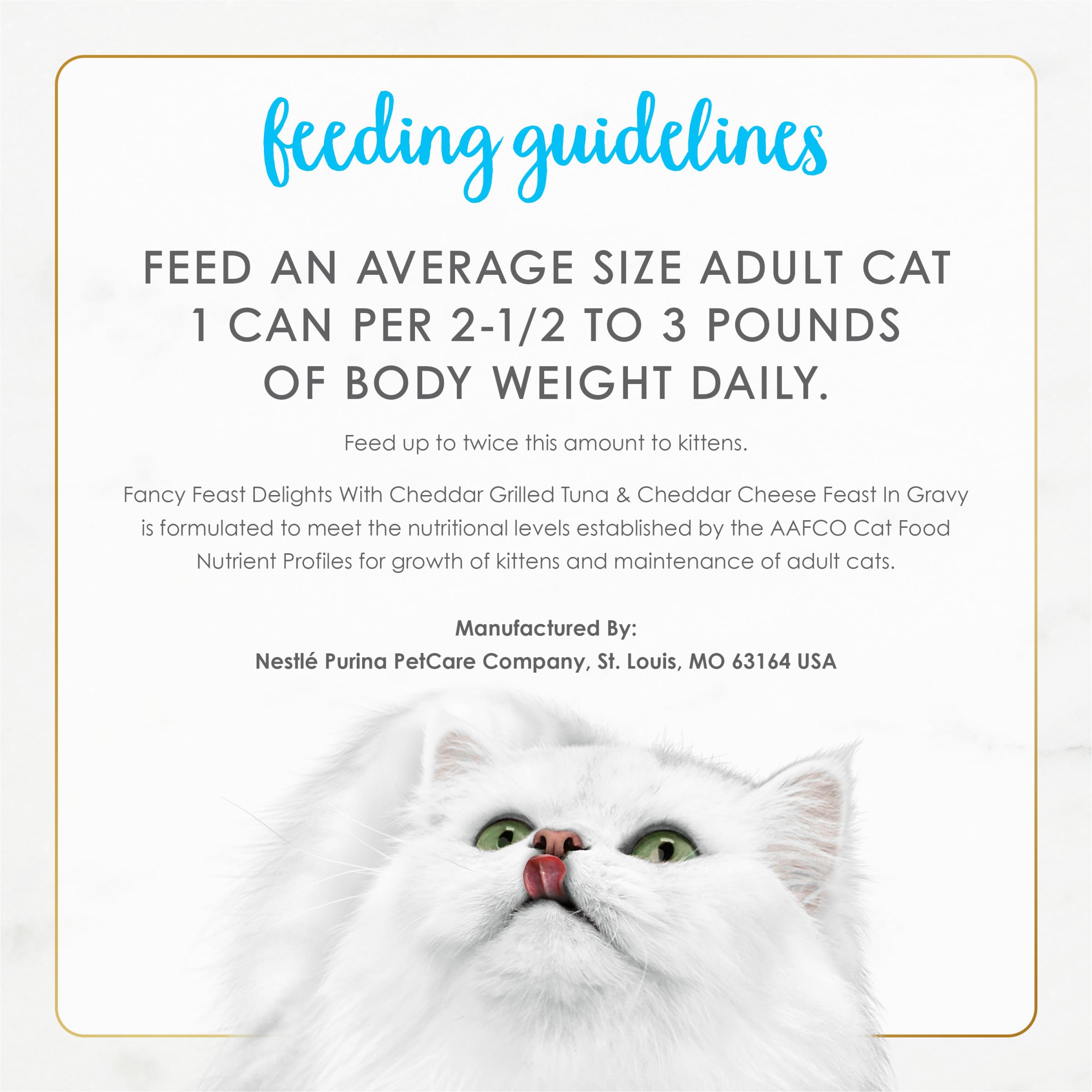 Nutrition complète et équilibrée selon Fancy Feast Delights pour chats.