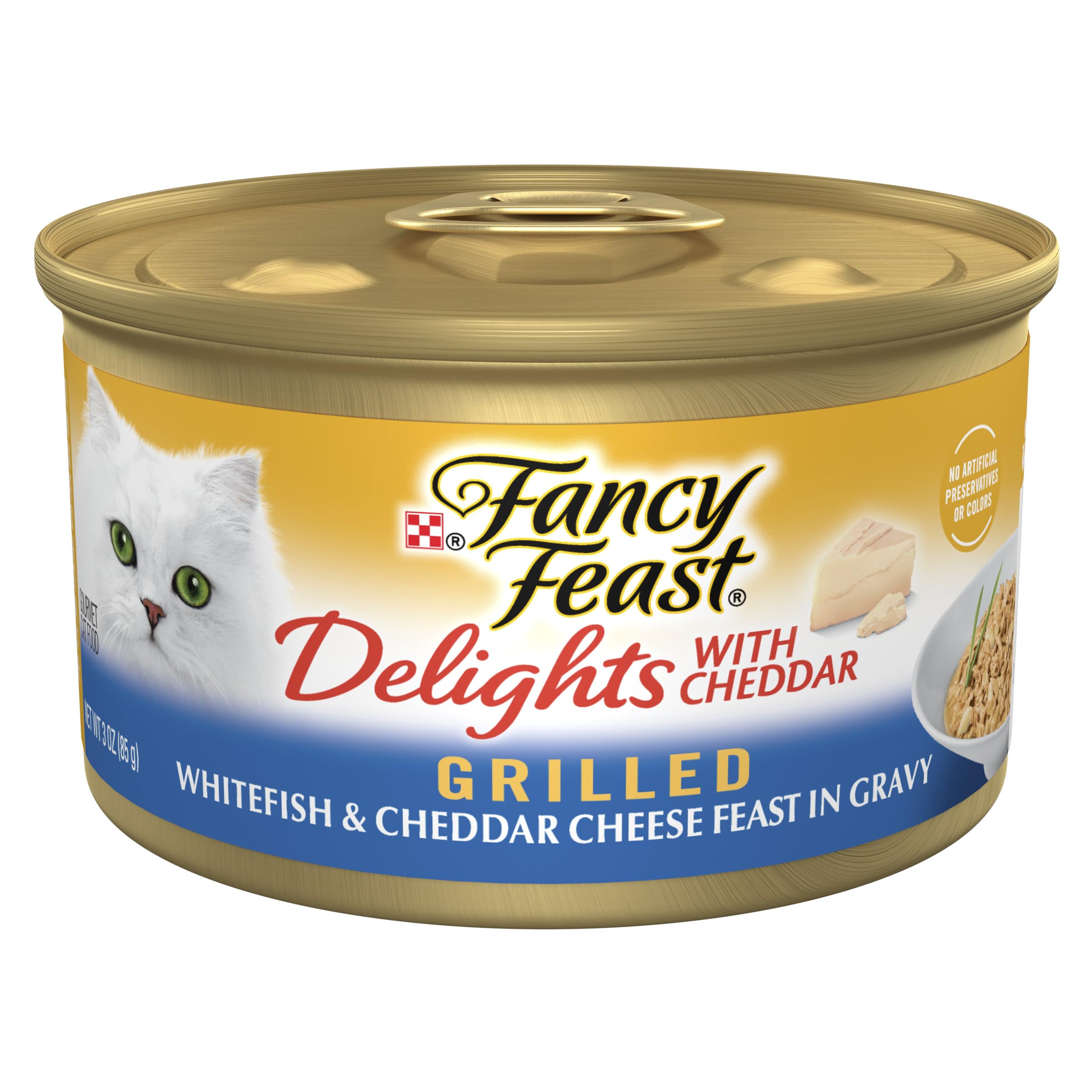 Fancy Feast Delights morue blanche grillée cheddar, bouchées appétentes pour chats.