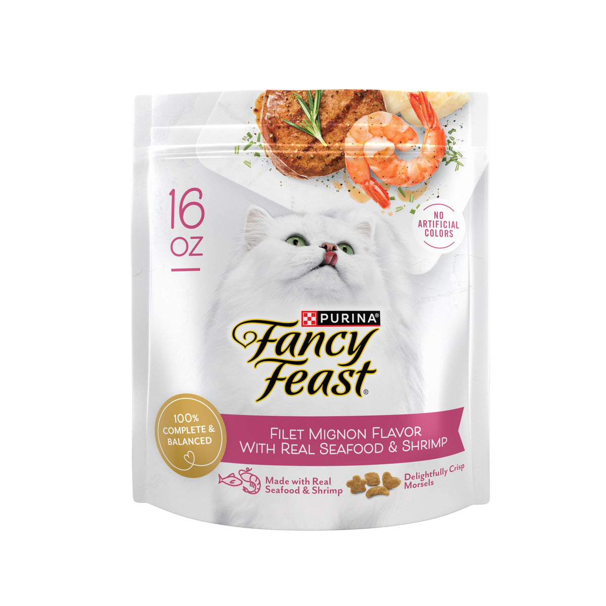 Fancy Feast Filet Mignon fruits-de-mer-crevettes ensemble, texture gourmande pour le repas quotidien.