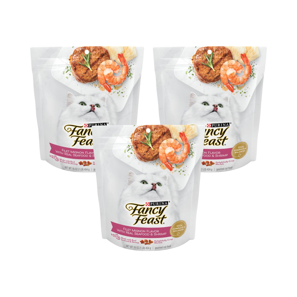 Fancy Feast Filet Mignon avec fruits de mer, croquettes croustillantes pour stimuler l'appétit des chats.