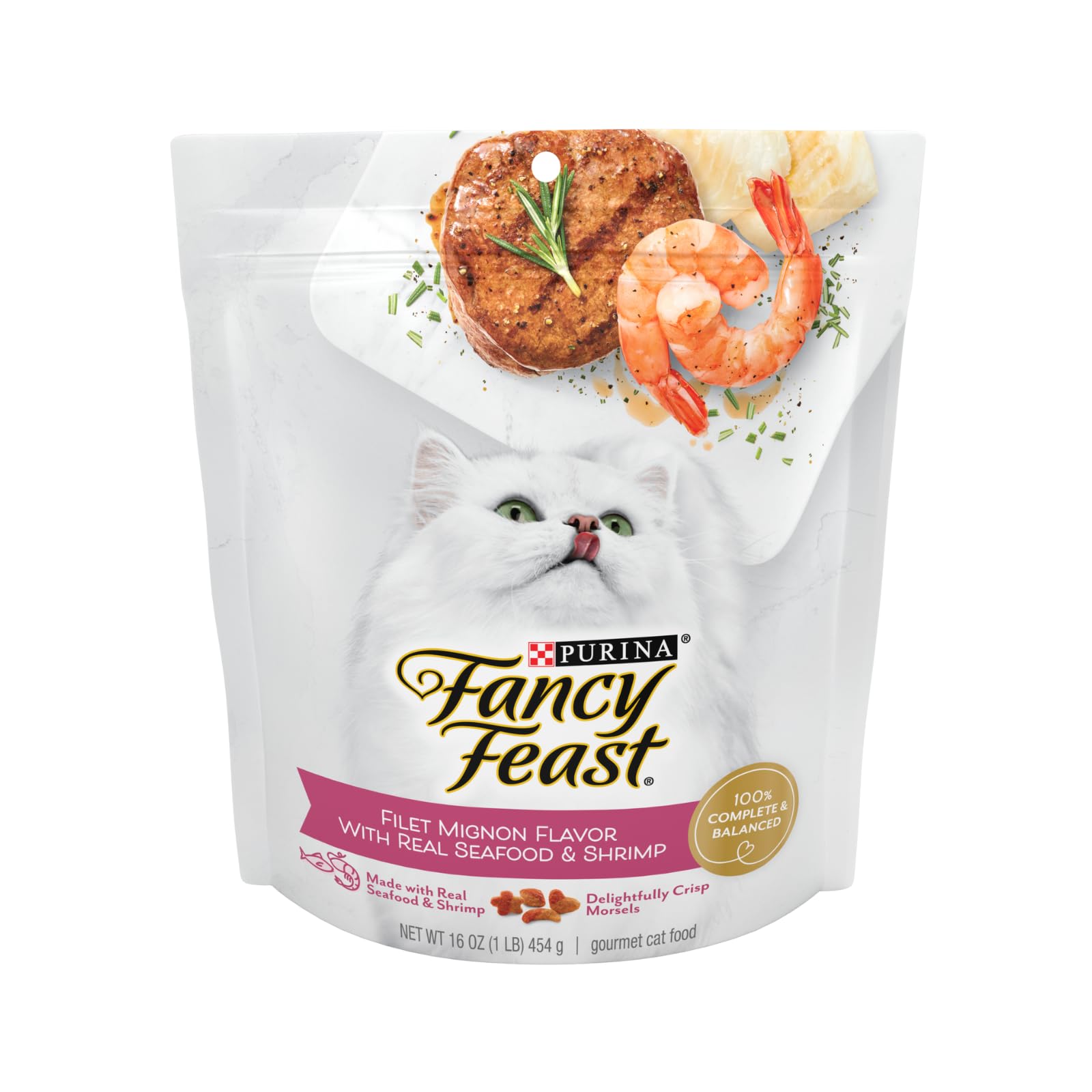 Fancy Feast Filet Mignon avec fruits de mer, ingrédients de qualité pour un goût authentique.