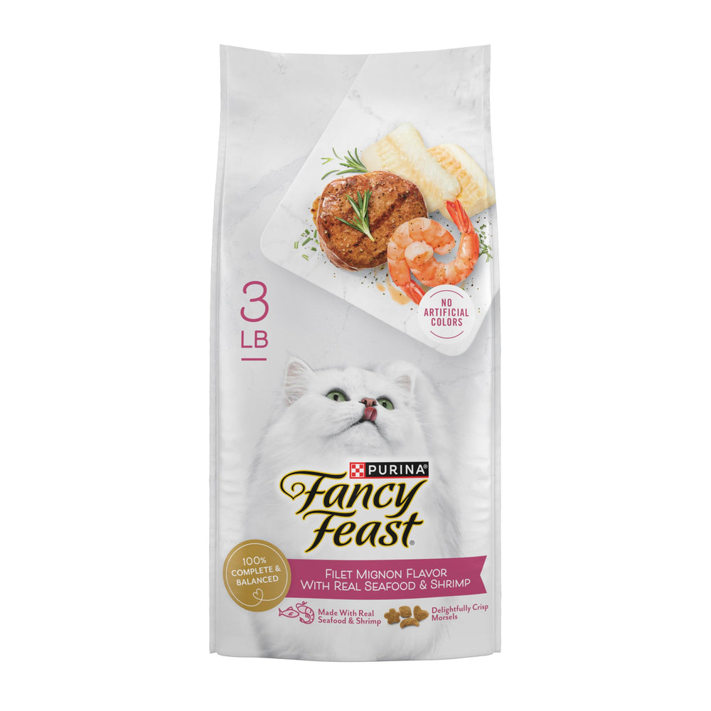 Fancy Feast Filet Mignon sèche: fruits de mer et crevettes pour chat, saveur gourmande.