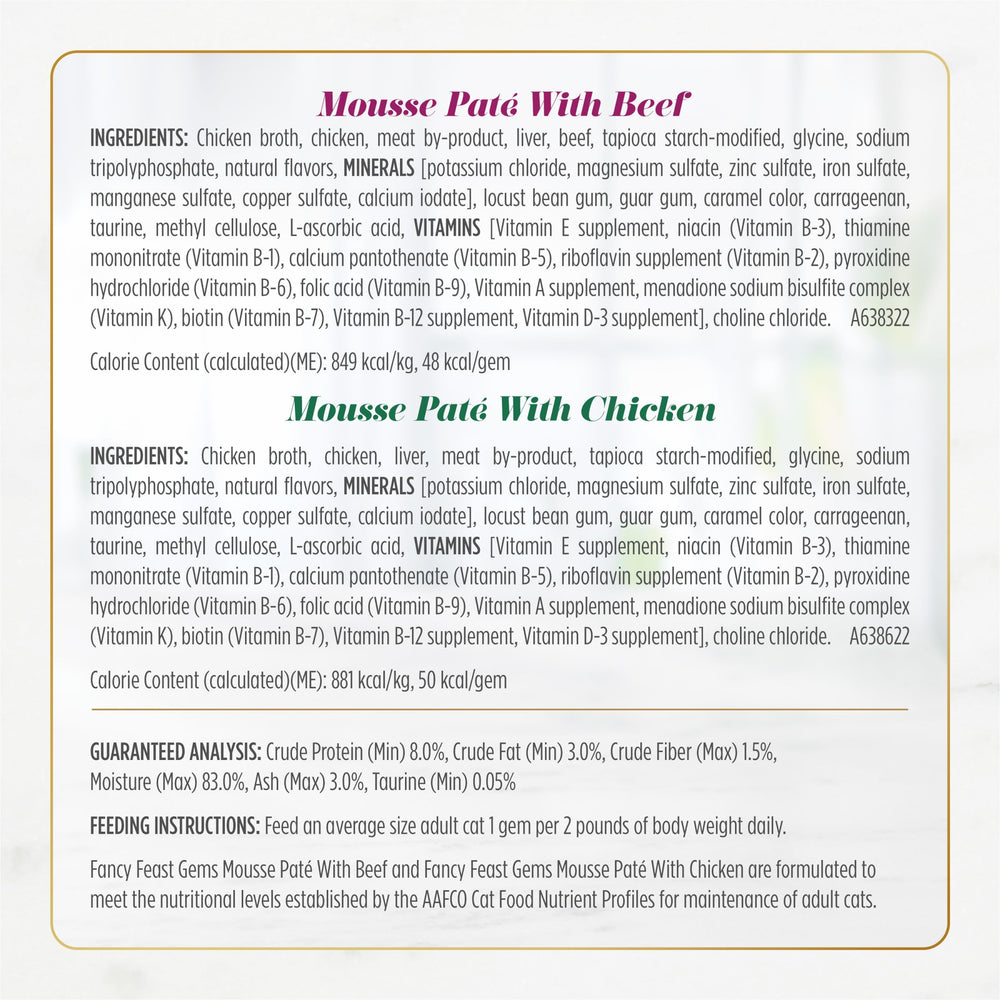 Boeuf réel dans la mousse Fancy Feast Gems, protéines authentiques et goût riche.