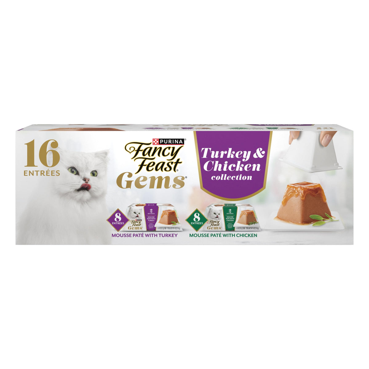 Fancy Feast Gems Pâté Mousse avec dinde et poulet – emballage pratique et prêt à servir.