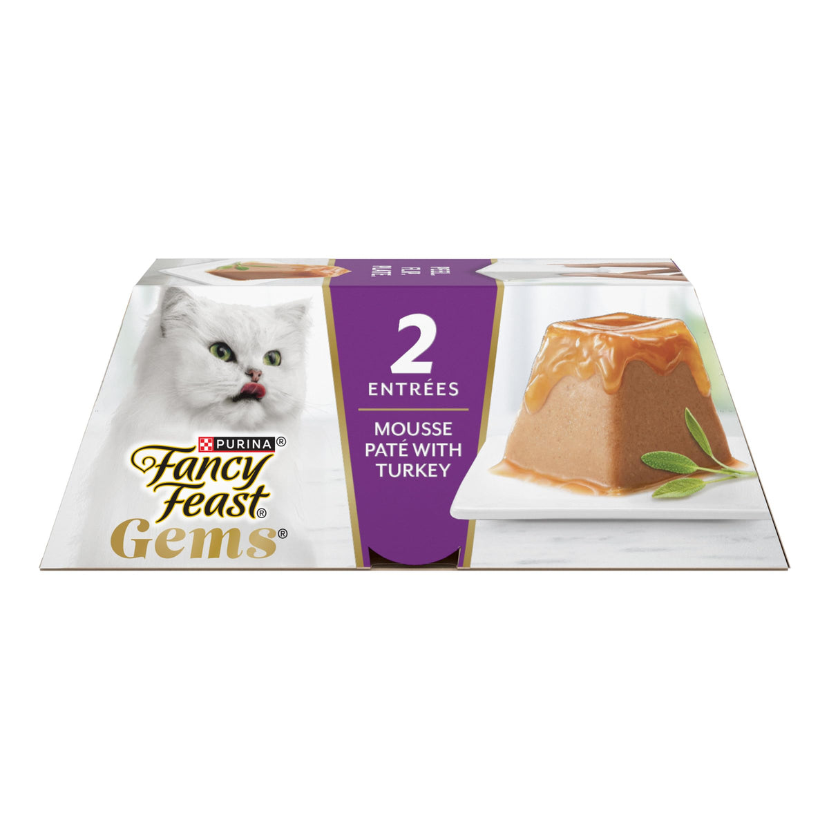 Purina Fancy Feast Gems Pate Mousse Dinde avec jus nappant et texture soyeuse.