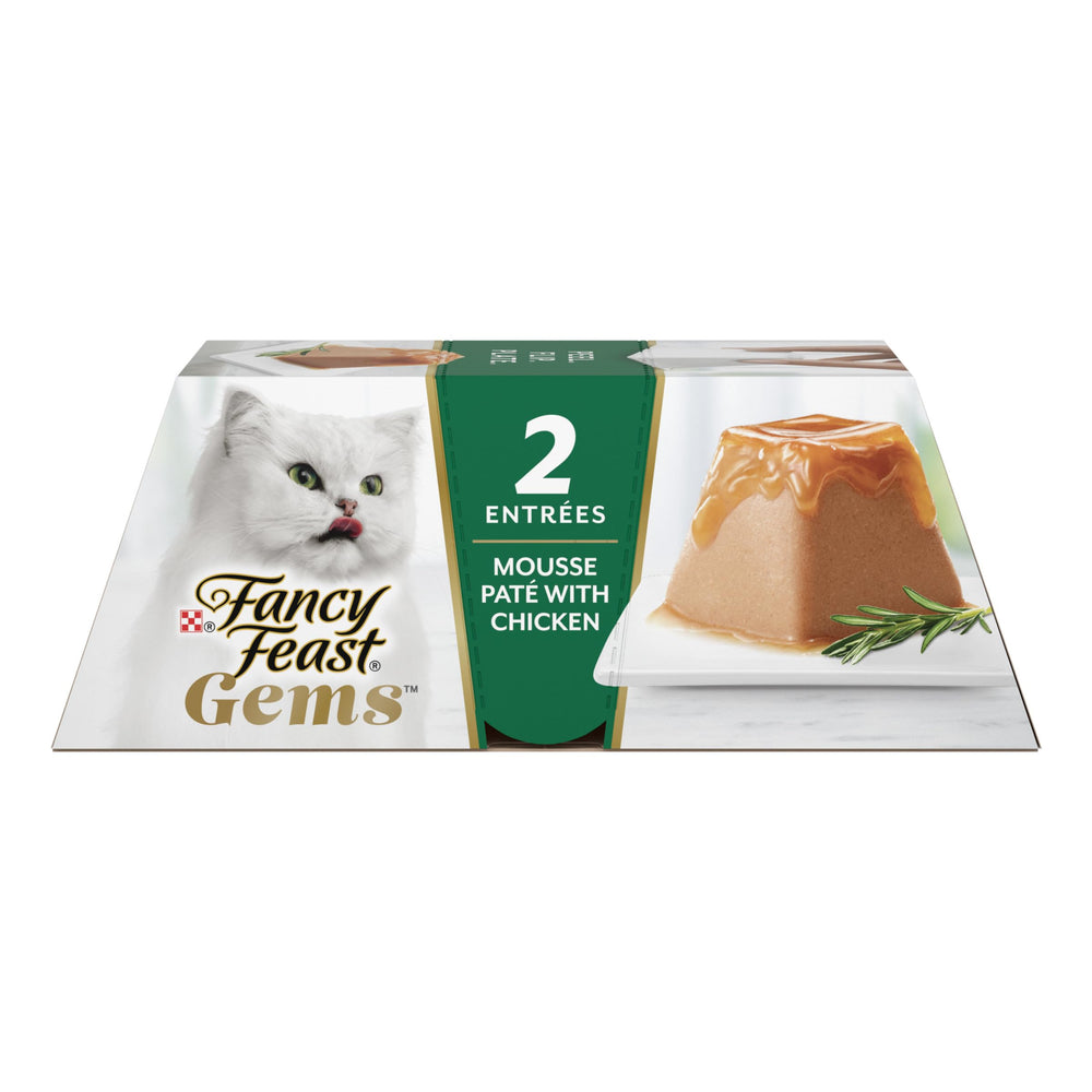 Fancy Feast Gems Pâté poulet avec halo de sauce savoureuse, repas gourmet pour chat.