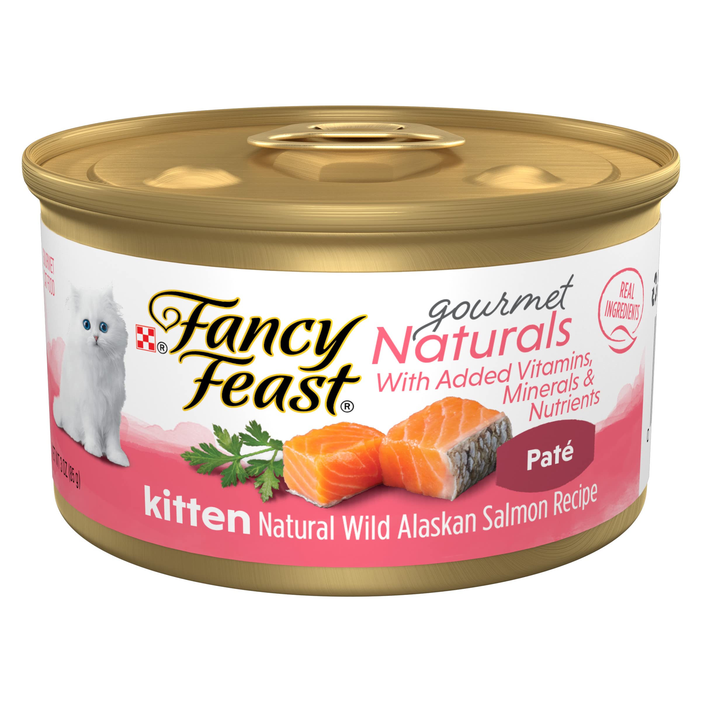 Fancy Feast Gourmet Naturals chaton pâté saumon Alaska, texture onctueuse adaptée à l'alimentation quotidienne.