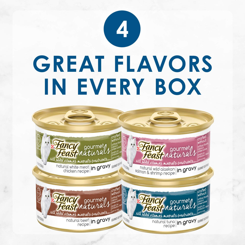 Boîte Fancy Feast Gourmet Naturals Gravy boeuf 85 g, goût riche et équilibre nutritionnel.