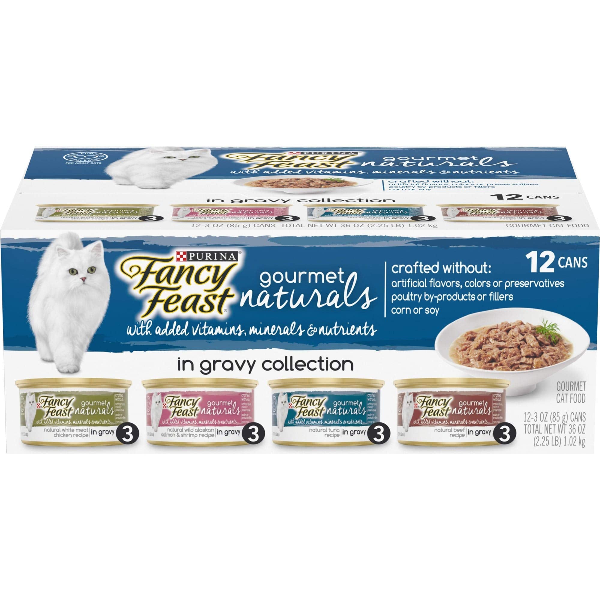 Boîte Fancy Feast Gourmet Naturals Gravy au poulet, repas complet pour chat adulte.