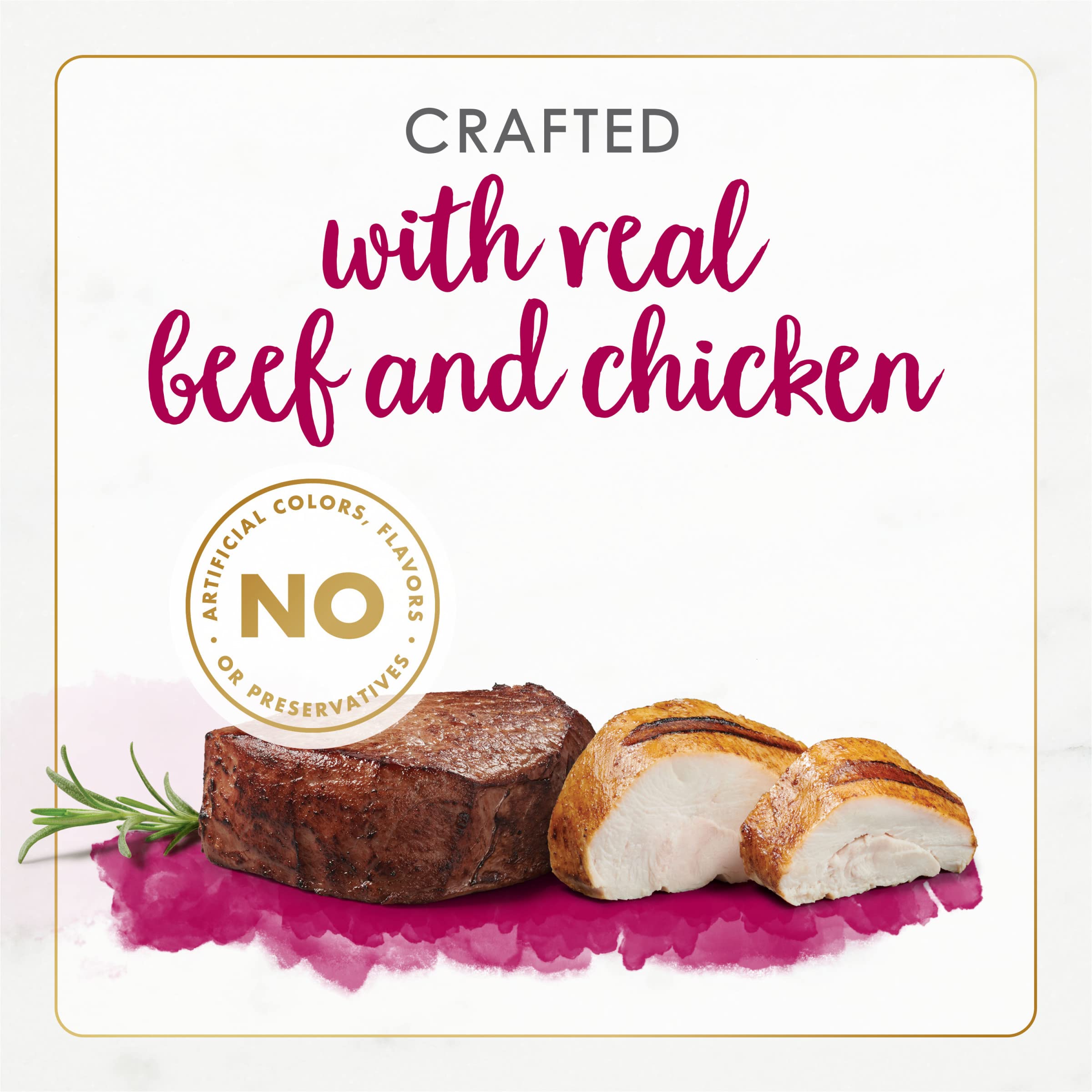 Fancy Feast Gourmet Naturals sans maïs ni soja, choix sans allergènes courants.