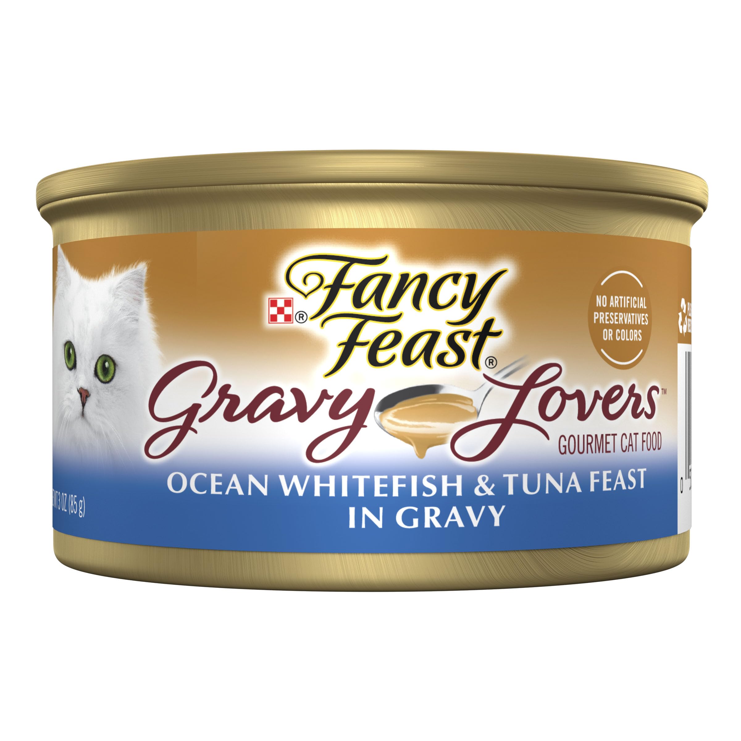 Purina Fancy Feast Gravy Lovers fletan-blanc-thon sur le dessus d'une boite pour chat.
