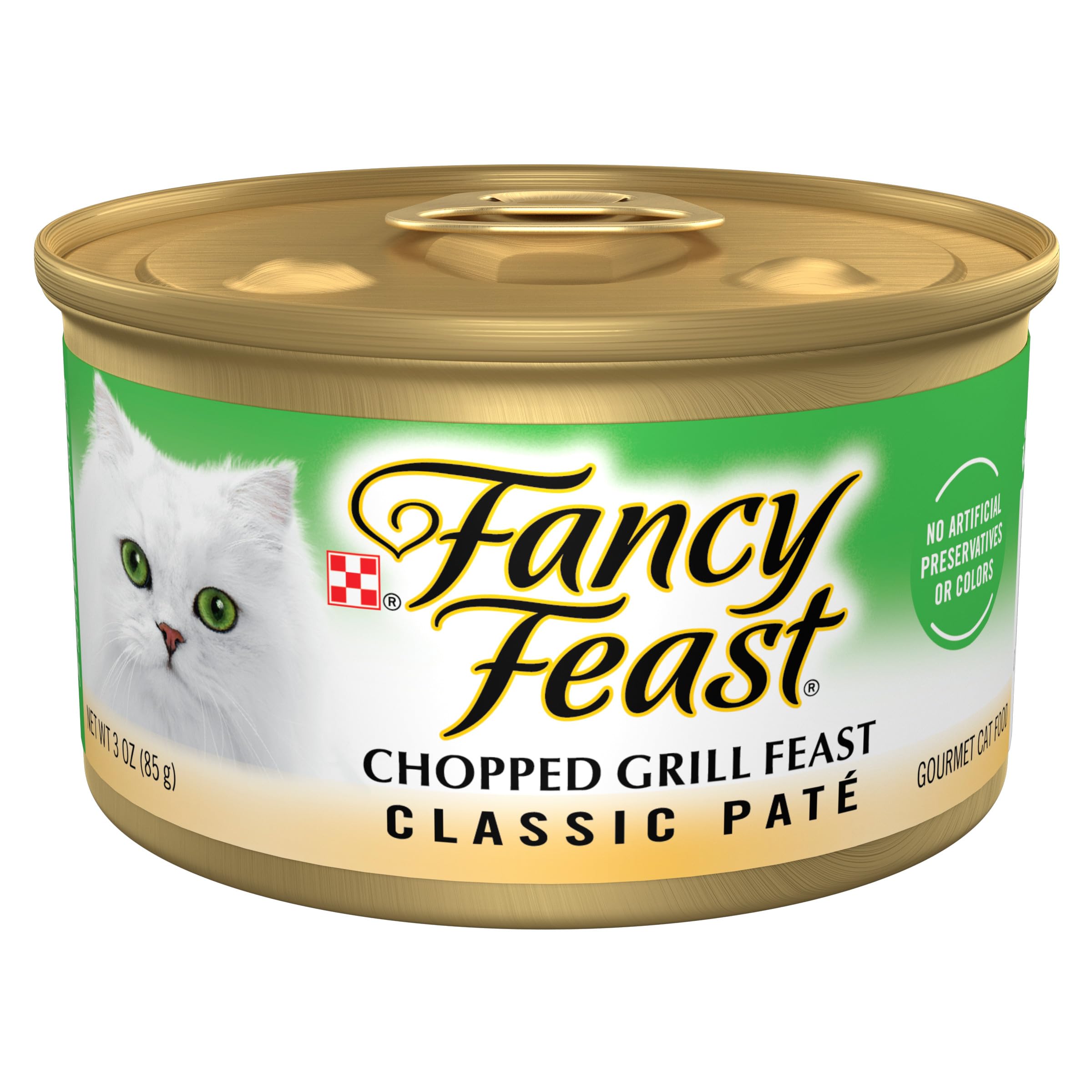 Boîte Fancy Feast Grill Feast Pâté 3oz prête à être dégustée par votre chat.